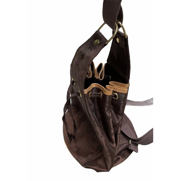 Vintage MCM ~ Brown Logo Nylon Drawstring Sling Backpack Bag ~ Hand Made main image 12